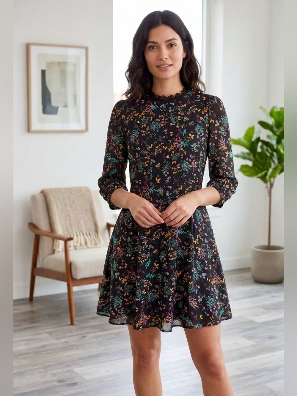 Lauren Conrad Black Floral Dress 8 Lined Feminine Academia Preppy